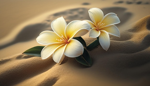 Plumeria flowers on the beach on the sand selective focus Generative AI