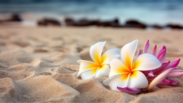 プルーメリアの花が砂浜で 選択的に焦点を当てる 自然 創造的なAI