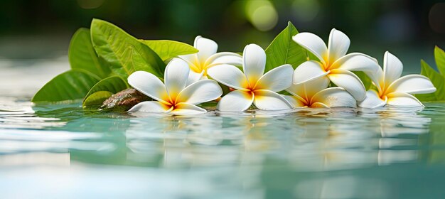 Foto fiori di plumeria su foglie verdi che galleggiano sull'acqua una scena pacifica e serena con un tocco di natura e bellezza