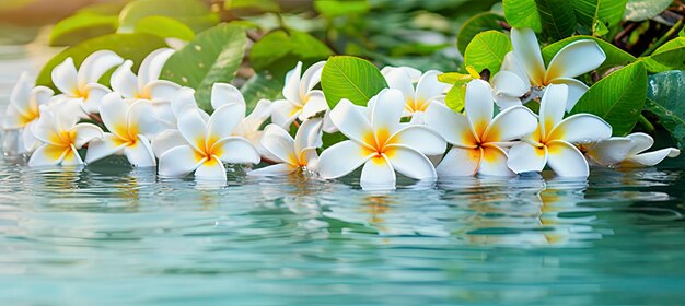 Plumeria flowers on green leaf floating on water a peaceful and serene scene with a touch of nature and beauty