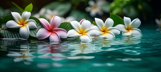 Plumeria flowers on green leaf floating on water a peaceful and serene scene with a touch of nature and beauty