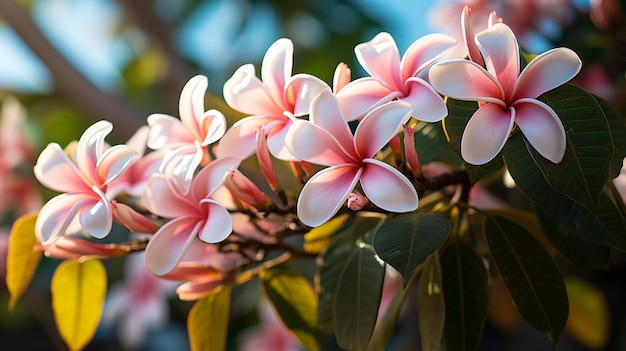 plumeria flowers on the tree close up