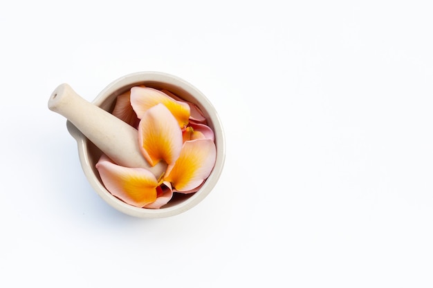 Plumeria or frangipani flower petals in mortar with pestle on white