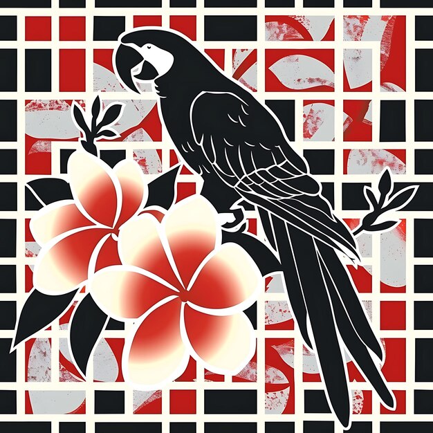 Plumeria met Macaw silhouet en abstract ontwerp met Bric patroon tegels naadloze kunst tatoeage inkt