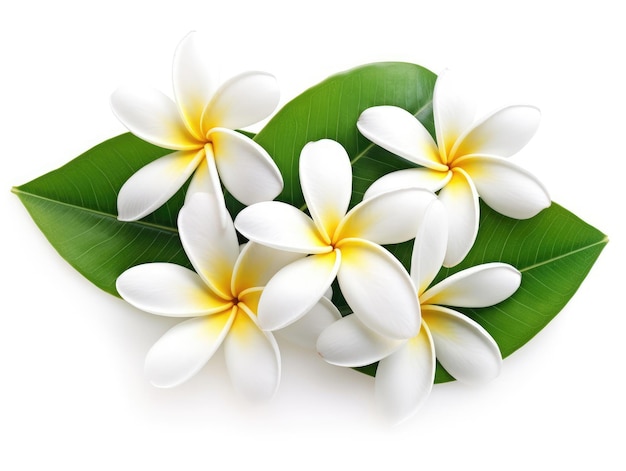 Plumeria tropische bloemen met groene bladeren geïsoleerd op wit