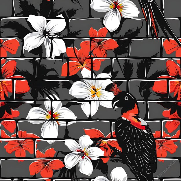 Photo plumeria with macaw silhouette and abstract design with bric pattern tile seamless art tattoo ink