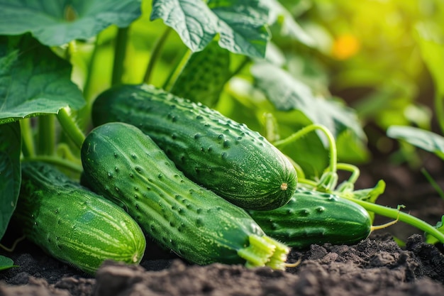 Plump cucumbers flourishing in a garden surrounded by lush green foliage under the summer sun