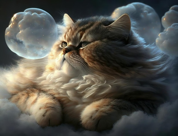 Plump Tabby Cat Relaxing on Fluffy Cloud