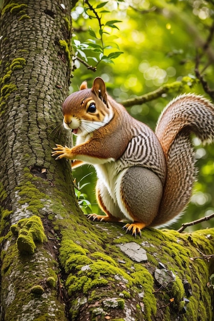 A plump wild squirrel perched atop a mossy tree branch nibbling on a nut in the dappled