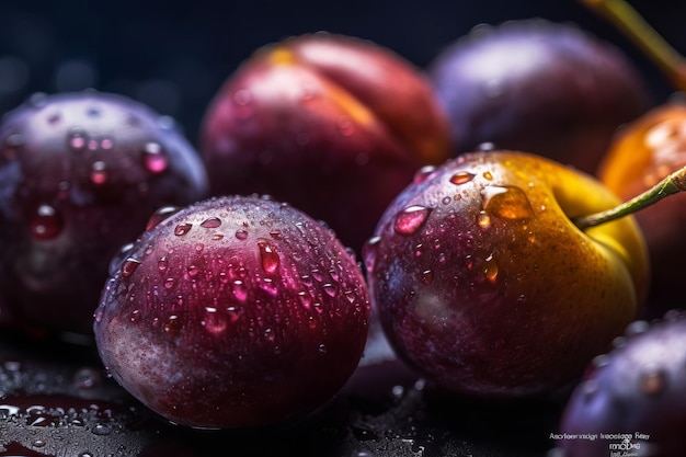 Plums on a black background with water droplets