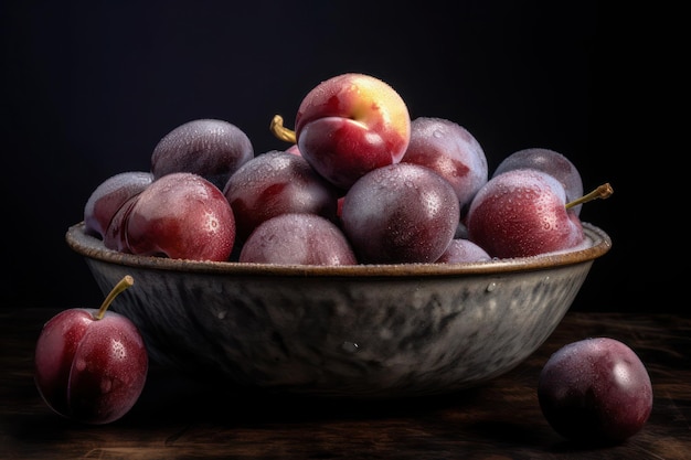 Plums in a bowl on a dark background