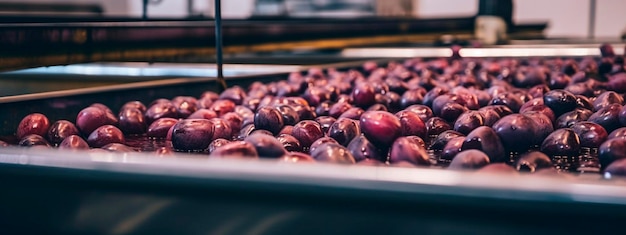 Plums in a food factory clean and fresh ready for automatic packaging Generative AI