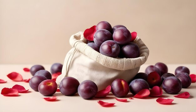 Photo plums spilling out of a beige drawstring bag