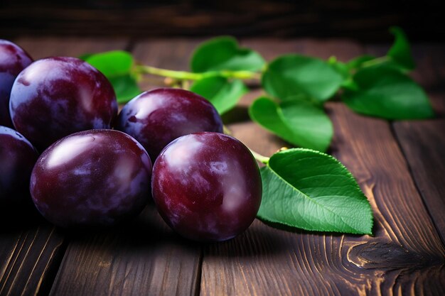 Plums on wooden background Fresh Plum fruits