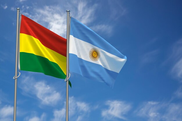 Plurinational State of Bolivia and Argentina Flags Over Blue Sky Background 3D Illustration