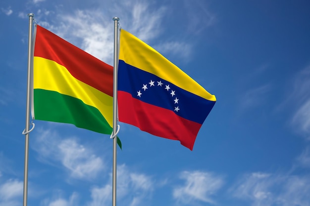 Plurinational State of Bolivia and Bolivarian Republic of Venezuela Flags Over Blue Sky Background 3D Illustration