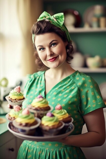 Plus grootte schattige bakker vrouw met cupcakes kleurrijke retro stijl mooie vrouw Ai gegenereerd