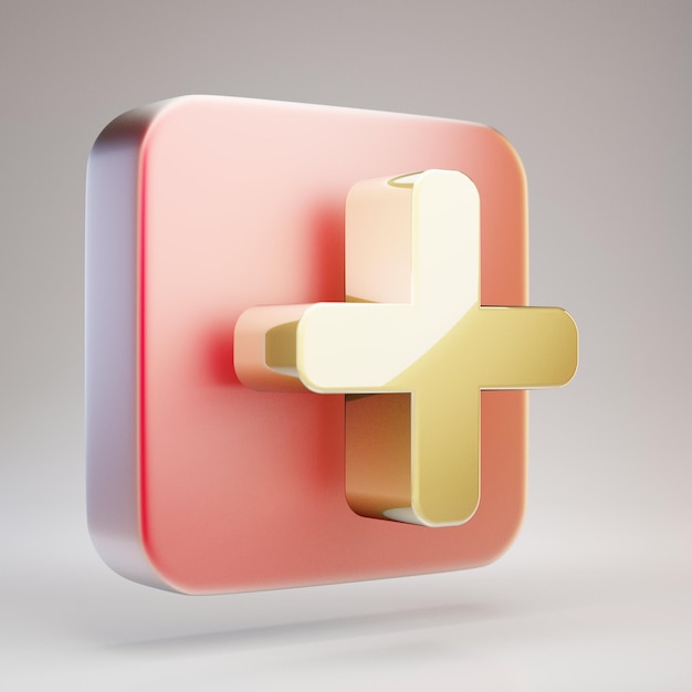 Plus icon. Golden Plus symbol on red matte gold plate. 3D rendered Social Media Icon.