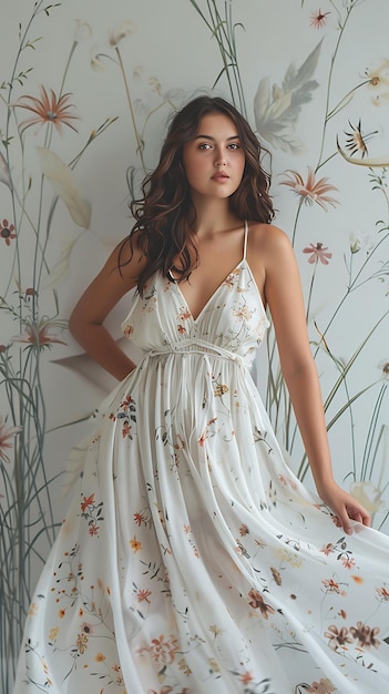 Plus Size Adult Female Model With Bohemian Maxi Dress Fashi Trendy Vintage Clothes Photo Collectiono