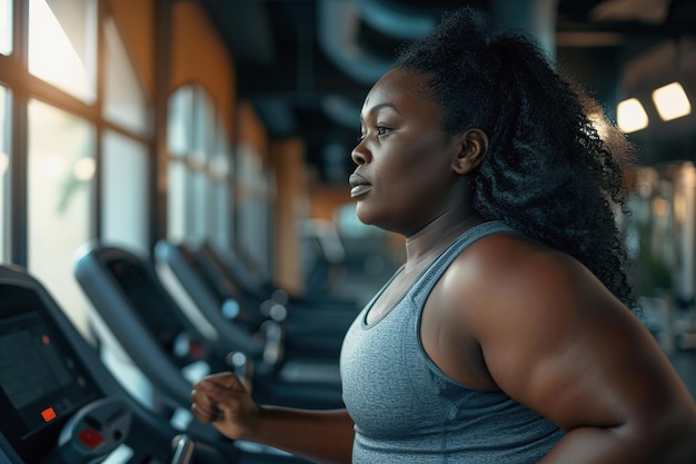 Plus size african american woman running on treadmill in gym