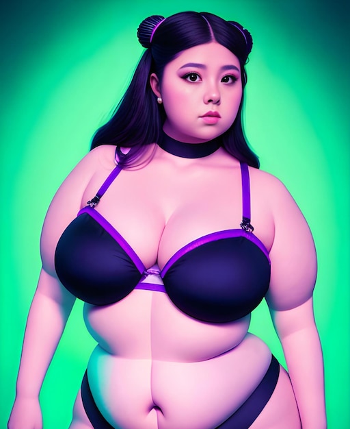 Photo plus size asian woman in sexy lingerie over green background