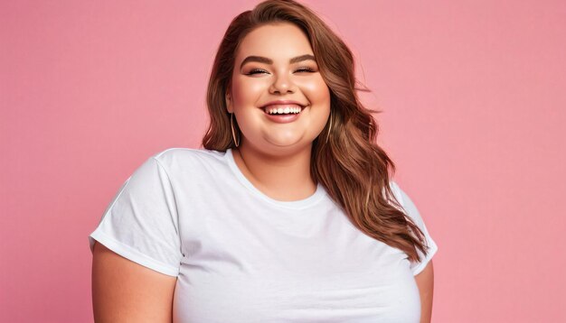 Plus Size Beauty Young Model Smiling in White TShirt