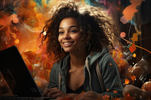 Plus size black female user grins happily as she operates a computer her eyes fixed on the screen