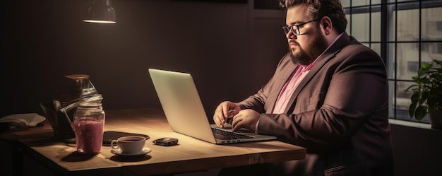Бизнесмен с большим размером работает на ноутбуке в офисе