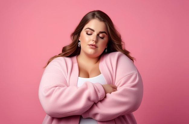 Plus size chubby woman on pink background Beautiful large woman portrait in pink colors