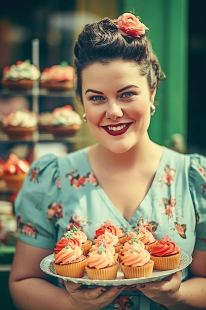 Photo plus size cute woman with cupcakes colourful retro style beautiful woman ai generated