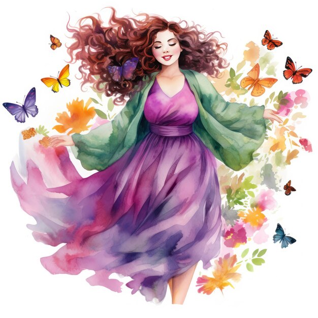 Plus Size Fashion Girl Embracing Spring Renewal Watercolor Clipart
