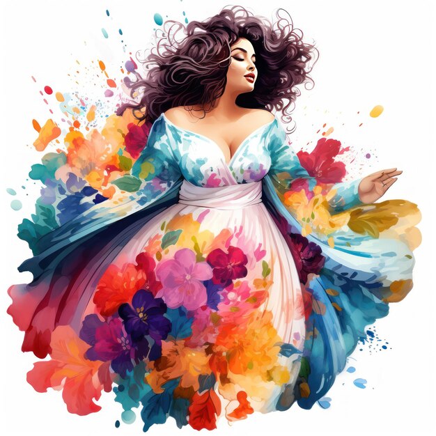 Plus Size Fashion Girl in Vibrant Watercolor Celebrating the Blossoming Season