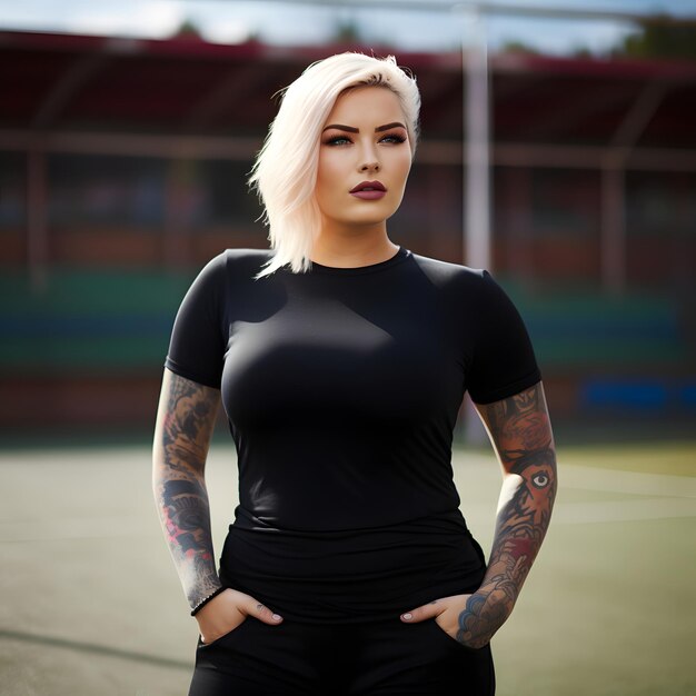 Plus size femal model in black tshirt