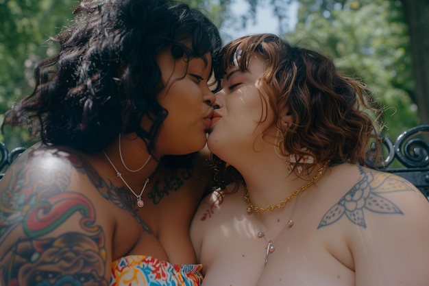 Photo plus size female couple with tattoos kissing in the park