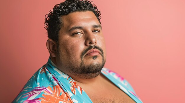 Photo plus size hispanic man in floral shirt against pink background