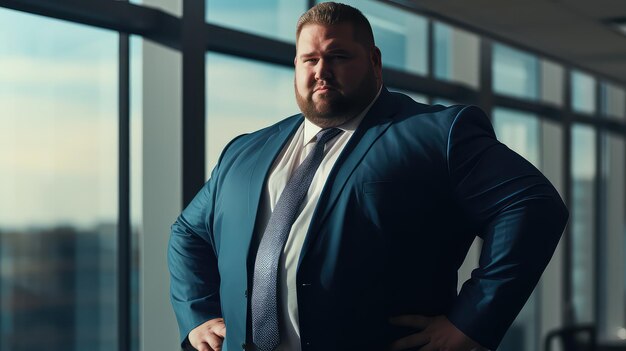 Photo a plus size male businessman standing near a large glass window in his office