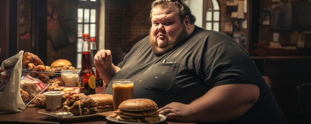 Plus size man eating junk food in restaurant Generative ai