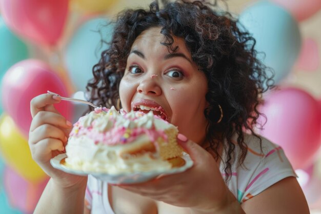 写真 サイズプラスの男がケーキを食べている