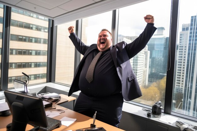 Foto il manager di taglia plus tiene i pugni per celebrare l'assegnazione di un grande ordine aziendale