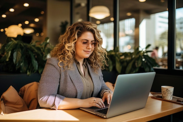 plus size manager using laptop computer on the go