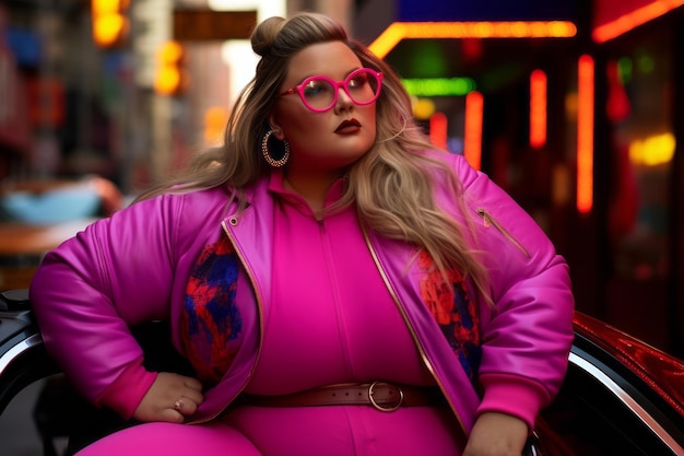 Plus size modern woman rocking modern against the vibrant neon streets