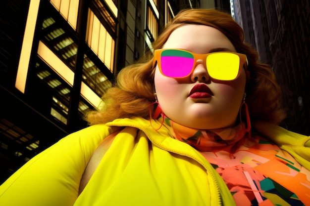 Plus size modern woman rocking modern against the vibrant neon streets