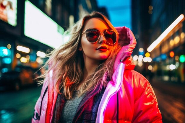 Plus size modern woman rocking modern against the vibrant neon streets