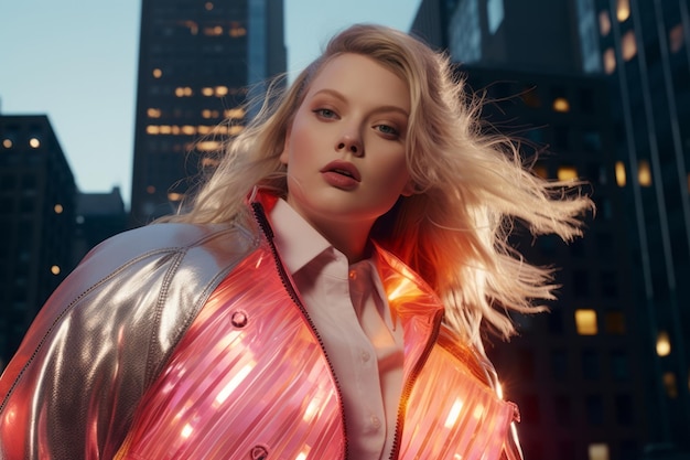 Plus size modern woman rocking modern against the vibrant neon streets