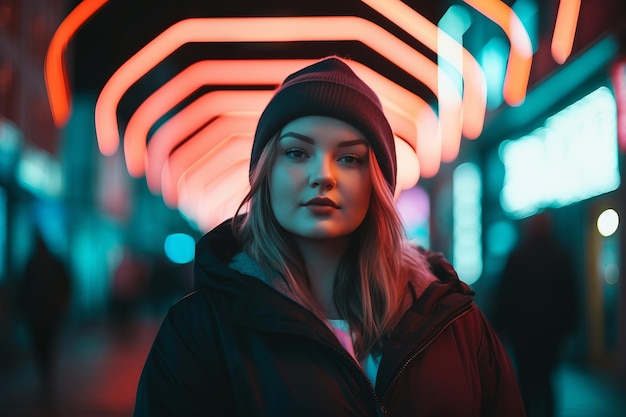 Plus size modern woman rocking modern against the vibrant neon streets
