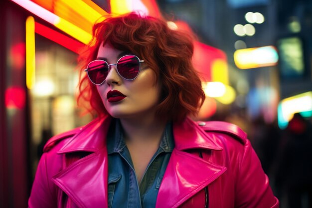 Plus size modern woman rocking modern against the vibrant neon streets