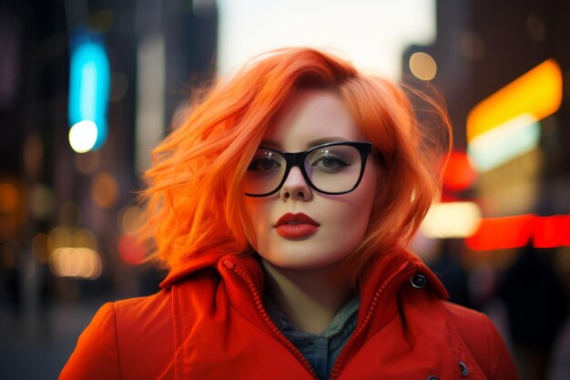 Photo plus size modern woman rocking modern against the vibrant neon streets