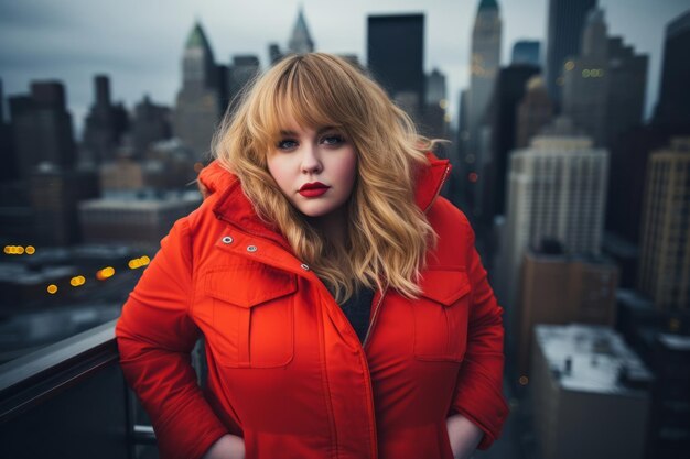 Plus size modern woman rocking modern against the vibrant neon streets