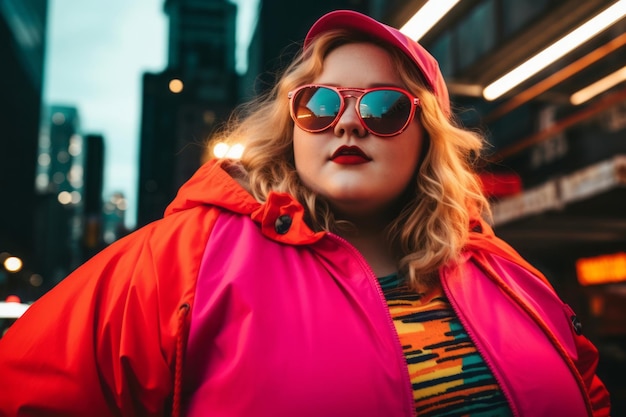 Photo plus size modern woman rocking modern against the vibrant neon streets