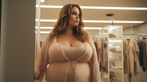 Plus size woman chooses clothes in the store Style and fashion for plus size people AI